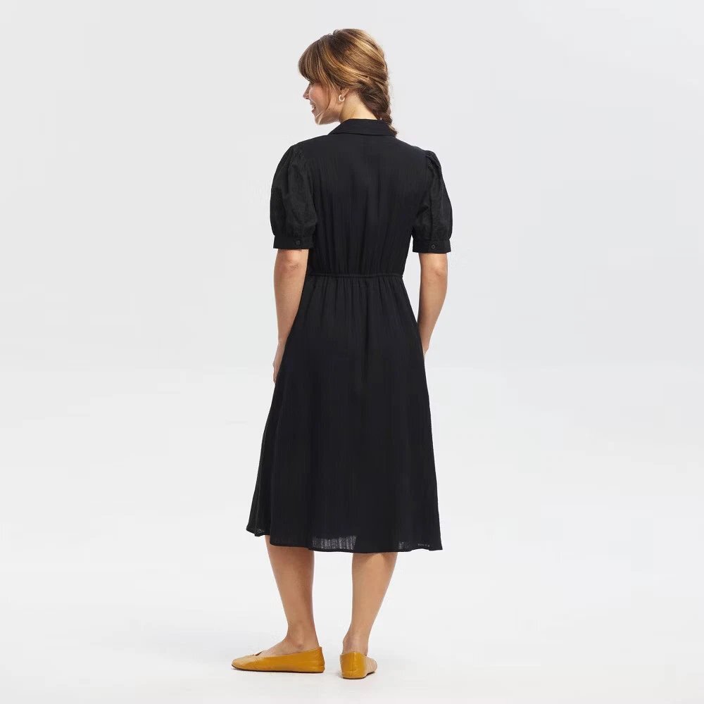 Women Puff Short Sleeve Eyelet Midi Shirtdress - Picture 2 of 3